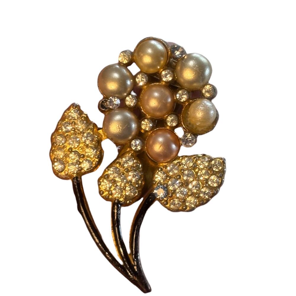 Vintage 1940s Dress Clip Floral Faux Pearl Rhinestone Gold Tone Retro Flower